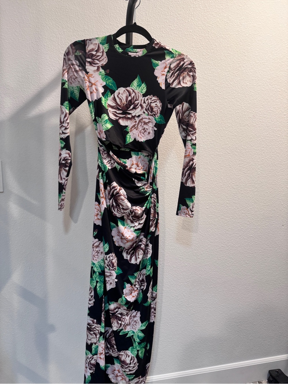 AFRM Black Floral Long Sleeve Ruched Maxi Dress hi slit